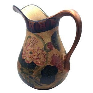 Vintage Hand Painted Floral Ceramic Tuscan Style Crackle Glaze Pitcher Jug Ewer